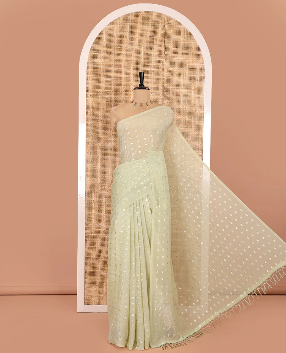 Borderless Pale Green Shimmer Saree, Detailed with Zari Buttas All Over Its Body, Pallu Mirrors the Same Buttas, and Comes Without a Blouse