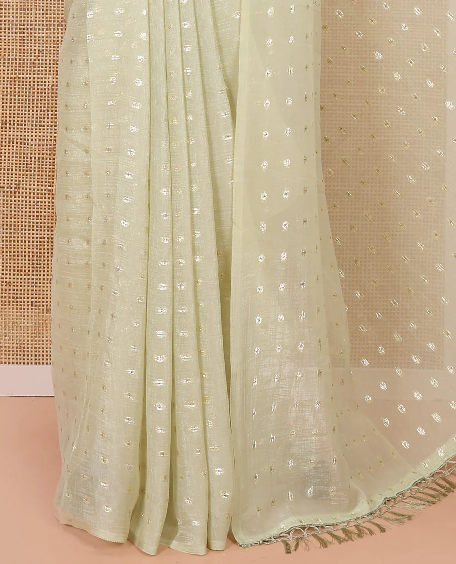 Borderless Pale Green Shimmer Saree, Detailed with Zari Buttas All Over Its Body, Pallu Mirrors the Same Buttas, and Comes Without a Blouse - Image 3