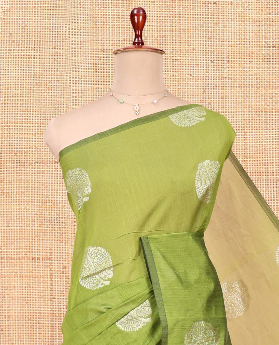 Borderless Parrot Green Semi-Silk Cotton Saree, Elevated with Zari Buttas All Over Its Body, Complemented by a Contrast Pallu of Jaal Designs, and Paired with a Contrast Blouse - Image 2