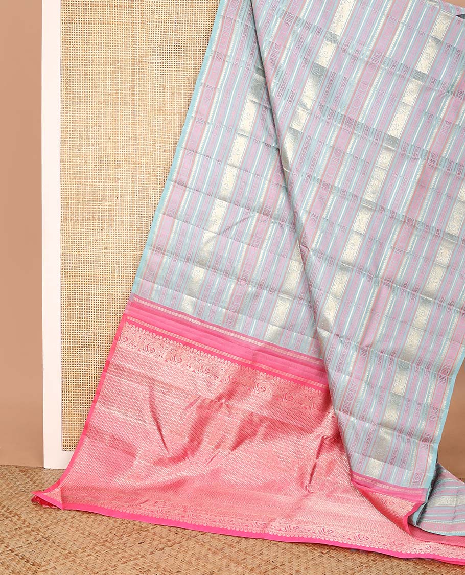 Borderless pastel blue traditional motifs steeped Kanchipuram silk saree, contrast pallu of mayil kann designs - Image 3