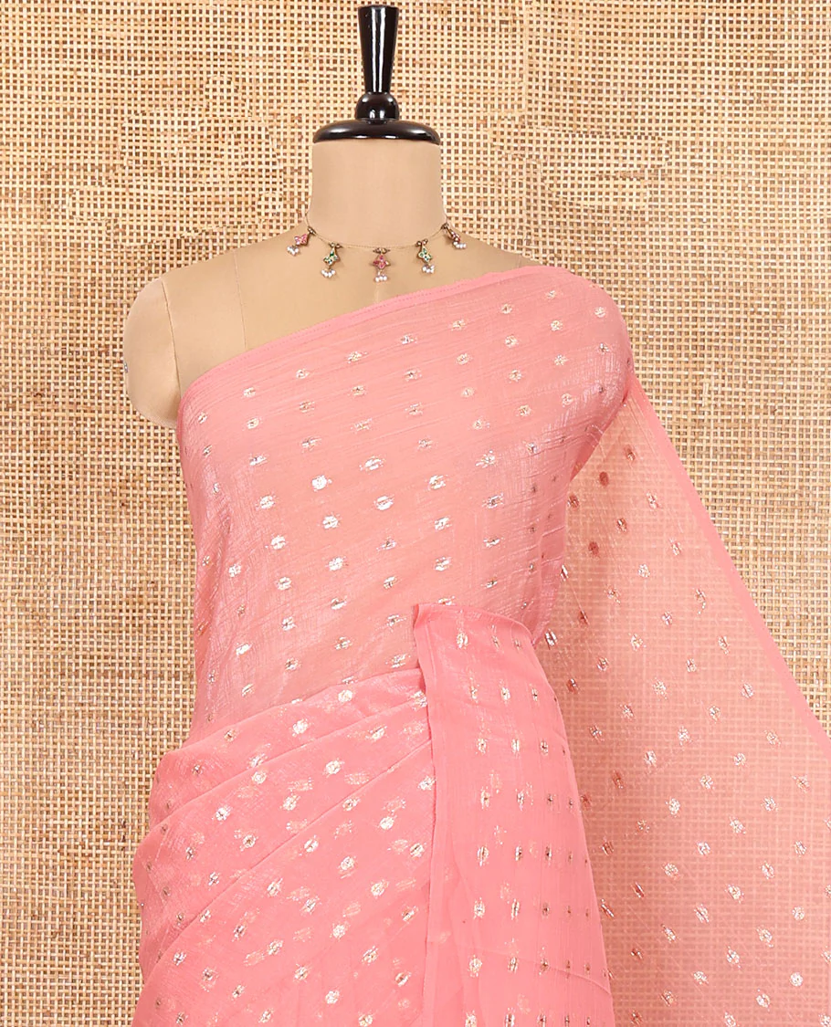 Borderless Peach Shimmer Saree, Beautified with Zari Buttas All Over Its Body, Pallu Mirrors the Same Buttas, and Comes Without a Blouse - Image 2