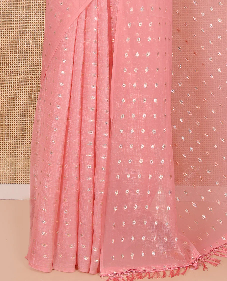 Borderless Peach Shimmer Saree, Beautified with Zari Buttas All Over Its Body, Pallu Mirrors the Same Buttas, and Comes Without a Blouse - Image 3