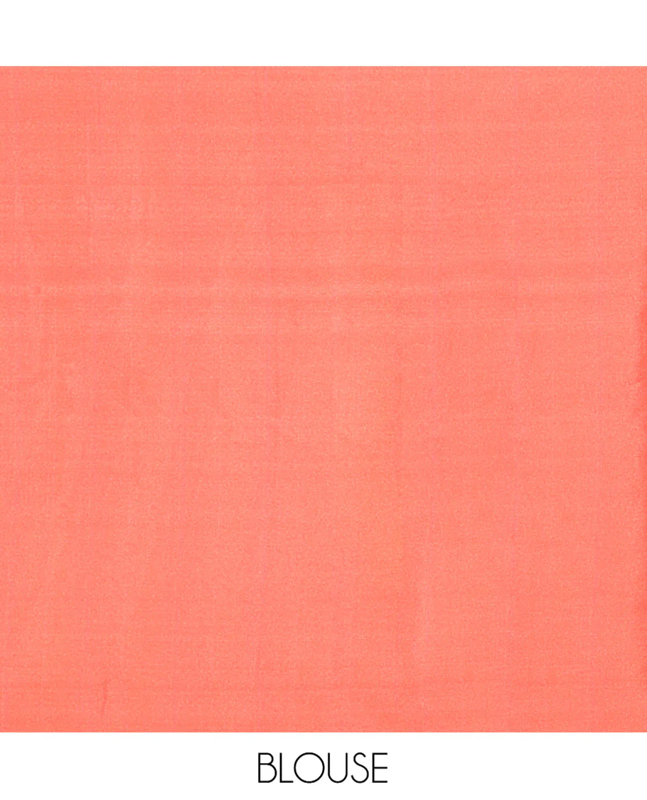 Borderless Peach South Indian Cotton Saree, Artfully Printed with Classy Women Motifs Printed On Its Body, Self-Subtly Striped Pallu, and Paired with a Contrast Blouse - Image 3