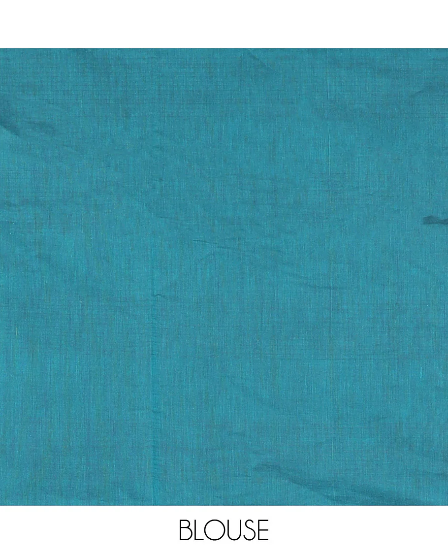 Borderless Peacock Blue Coimbatore Cotton Saree Prettified with Intricate Buttas All Over Its Body, Pallu Pictures Intricate Patterns, and Paired with a Plain Matching Blouse - Image 3