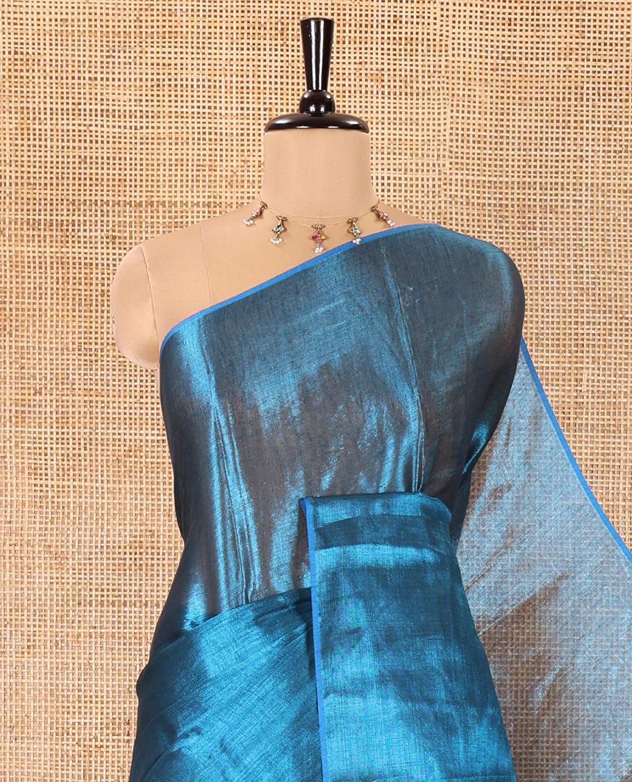 Borderless Peacock Blue Plain Khadi Tissue Saree, a Self-Pallu, and Paired with a Matching Blouse - Image 2