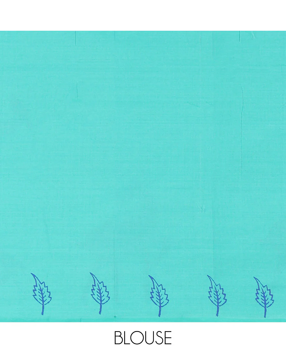 Borderless Peacock Green South Cotton Saree Featuring Leaf and Dotted Deer Motifs Block Printed All Over the Saree, Complemented by a Contrast Floral Motifs Block Printed Blouse - Image 4