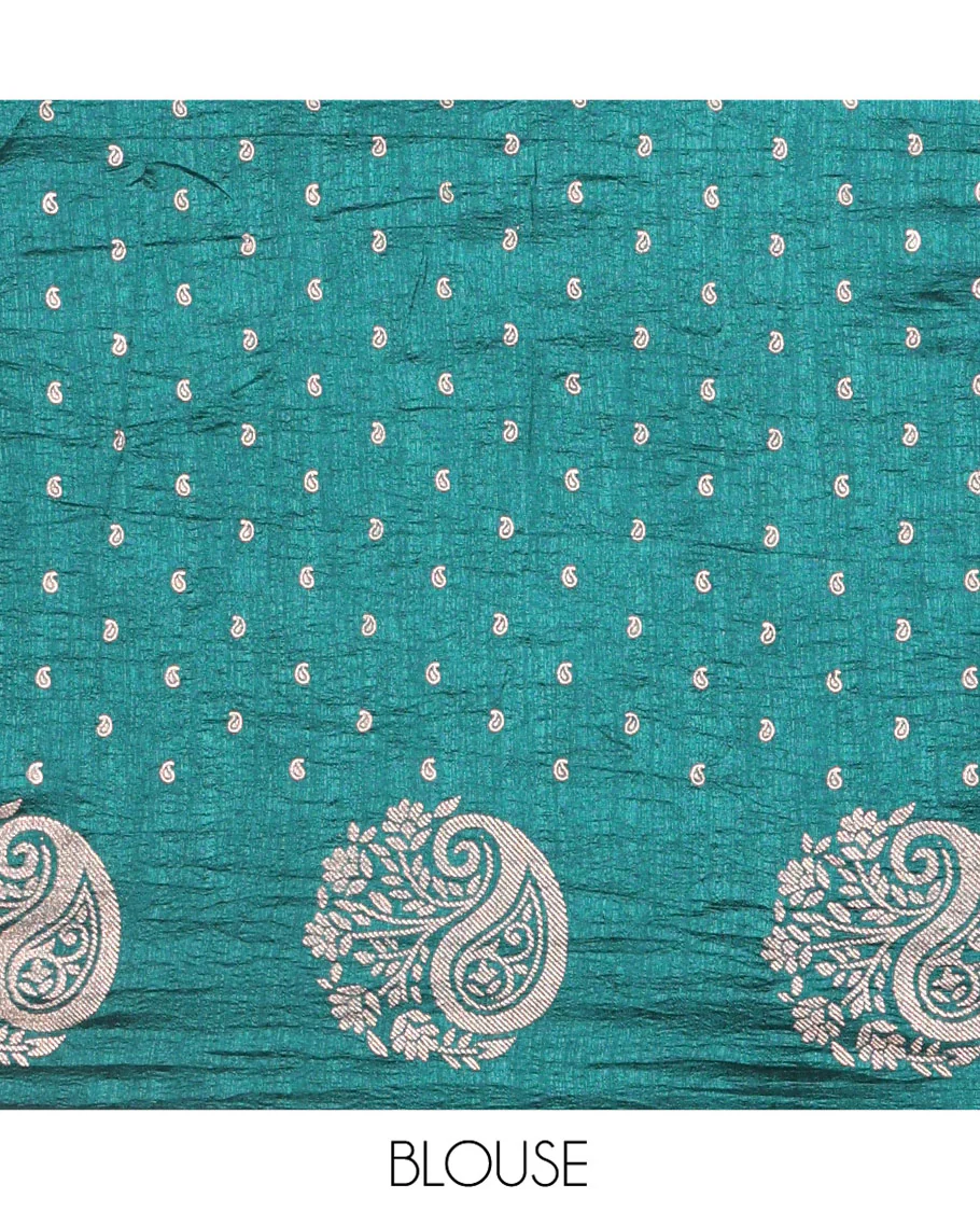 Borderless Peacock Vichitra Silk Saree, Elevated with Paisley and Flora-Paisley Buttas All Over Its Body, Subtle Self-Pallu, and Paired with a Matching Blouse - Image 3