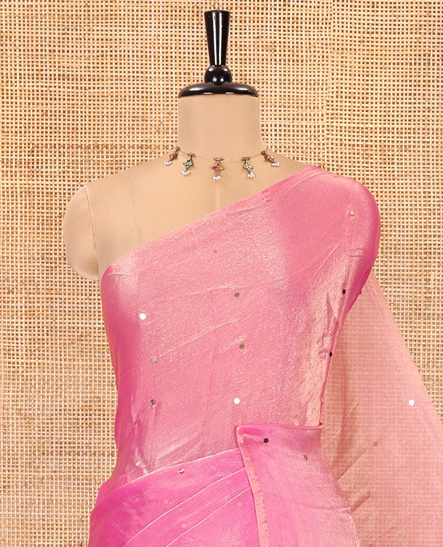 Borderless Pink Fendy Chiffon Saree, Gleamed Up with Sequin Work on Its Body, Highlighted by a Self-Pallu of Sequin Work, and Paired with a Matching Blouse - Image 2