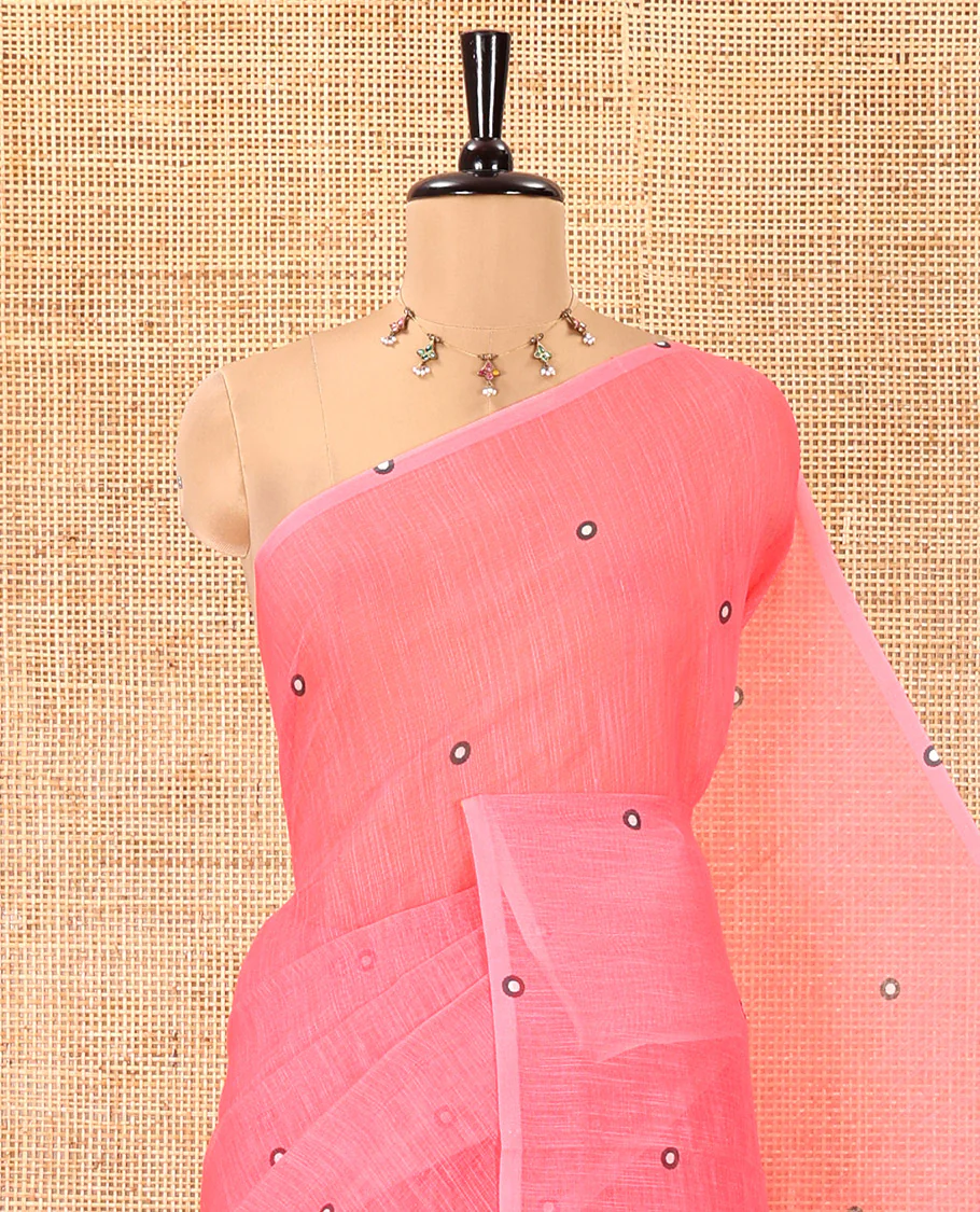 Borderless Pink Linen Cotton Saree, Adorned with Polka Dot Print, Contrast Geometric Printed Pallu, and Paired with a Contrast Blouse - Image 2
