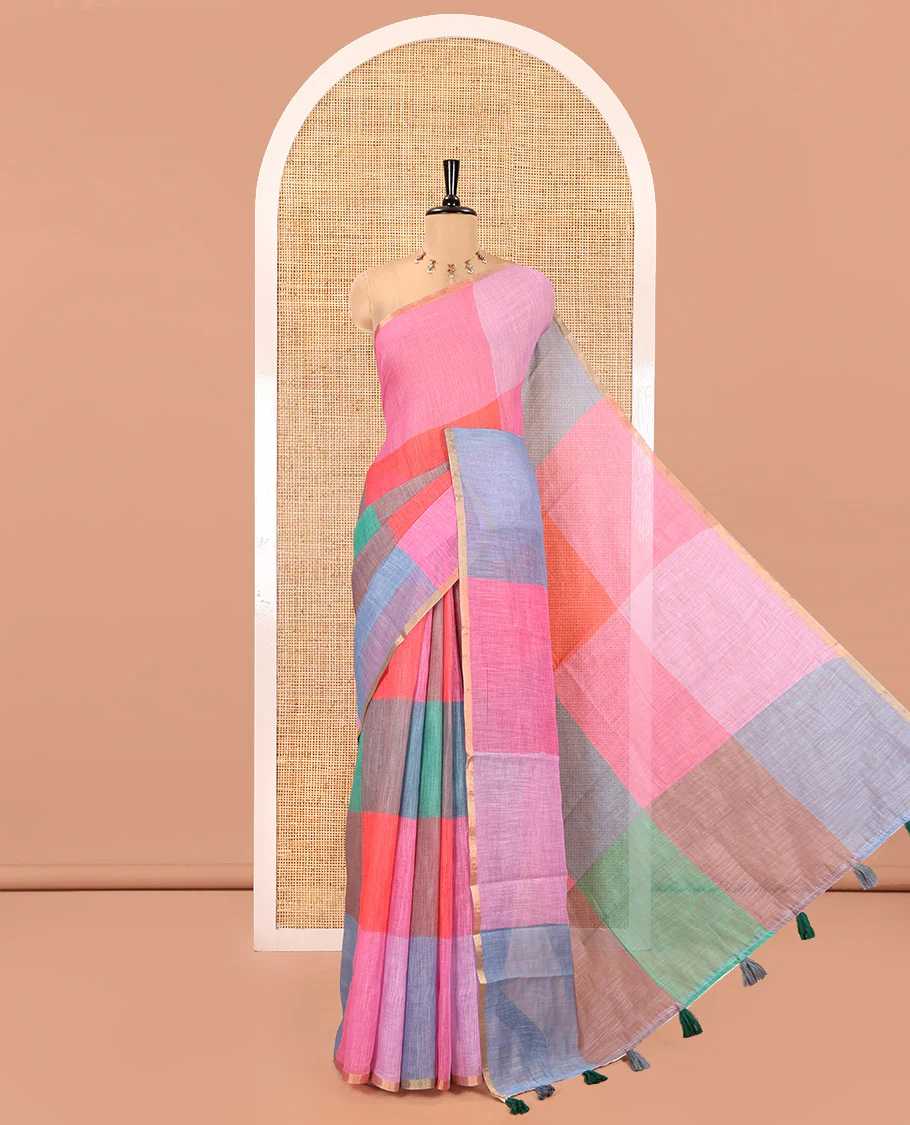 Borderless Pink Linen Cotton Saree, Beautified with Macro-Checked Design on Its Body, a Self-Pallu, and Paired with a Contrast-Printed Blouse