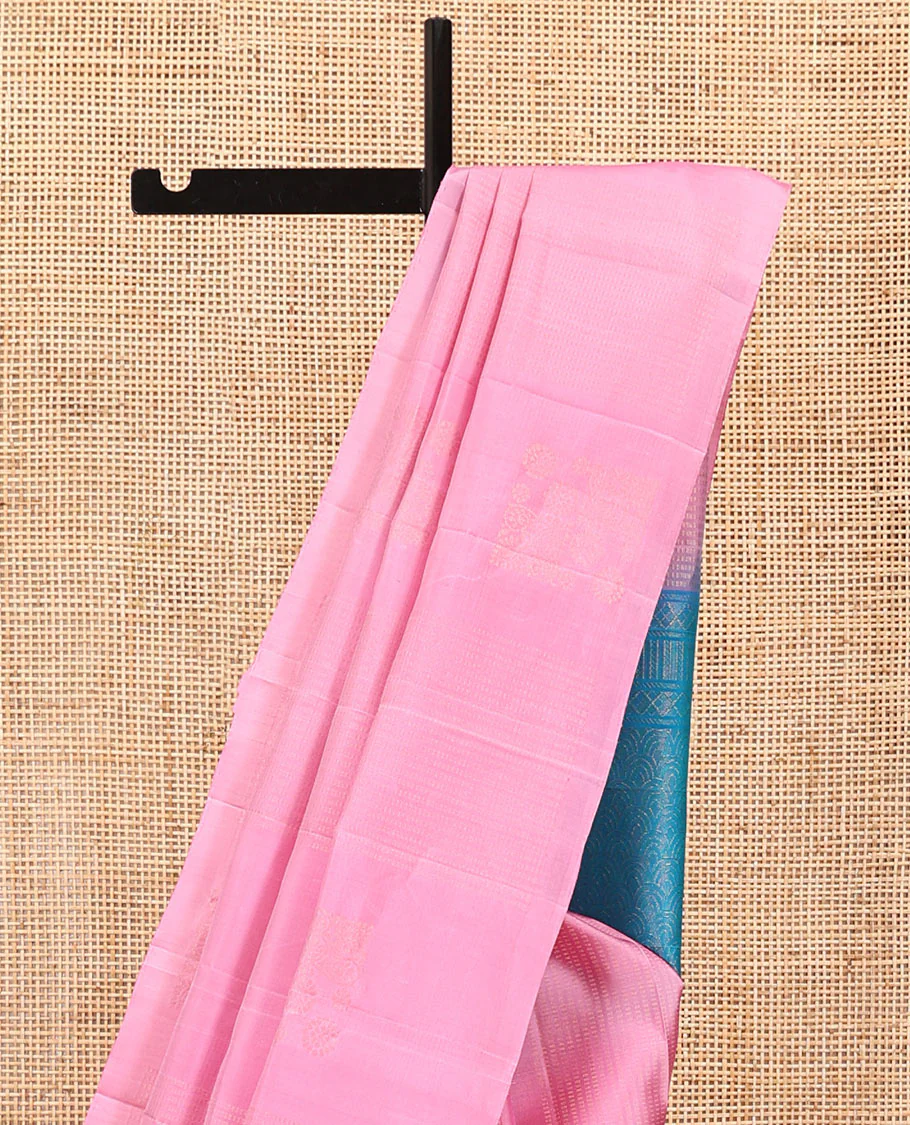 Borderless Pink Mayuri Soft Silk Saree, Accentuated with Stripes and Buttas All Over Its Body, Complemented by a Contrast Scallop Design Pallu, and Paired with a Contrast Blouse - Image 3