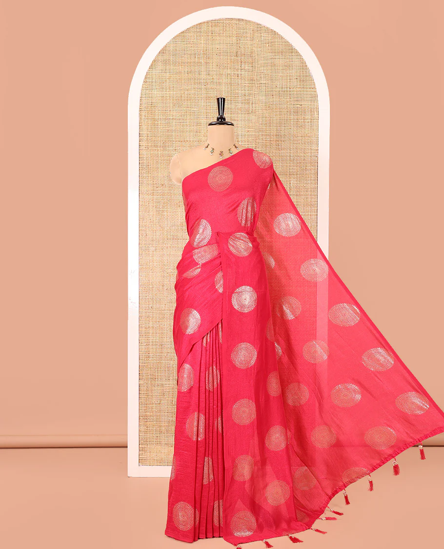 Borderless Pink Vichitra Saree Features Rangoli-Style Round Buttas Foil Print and a Contrast Sequins Embroidered Blouse