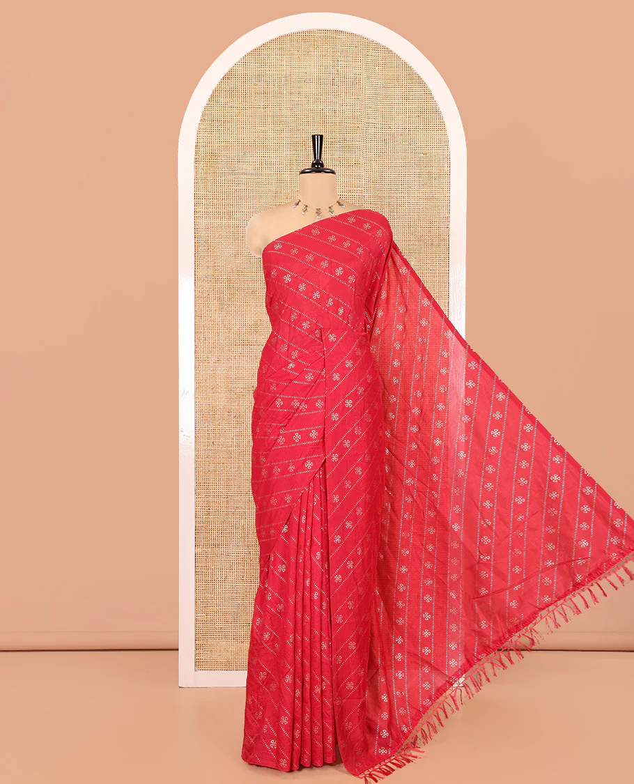 Borderless Pink Vichitra Silk Saree, Gleamed Up with Floral Buttas and Leheriya-Style Foil Print on Its Body, a Self-Pallu, and Has No Blouse