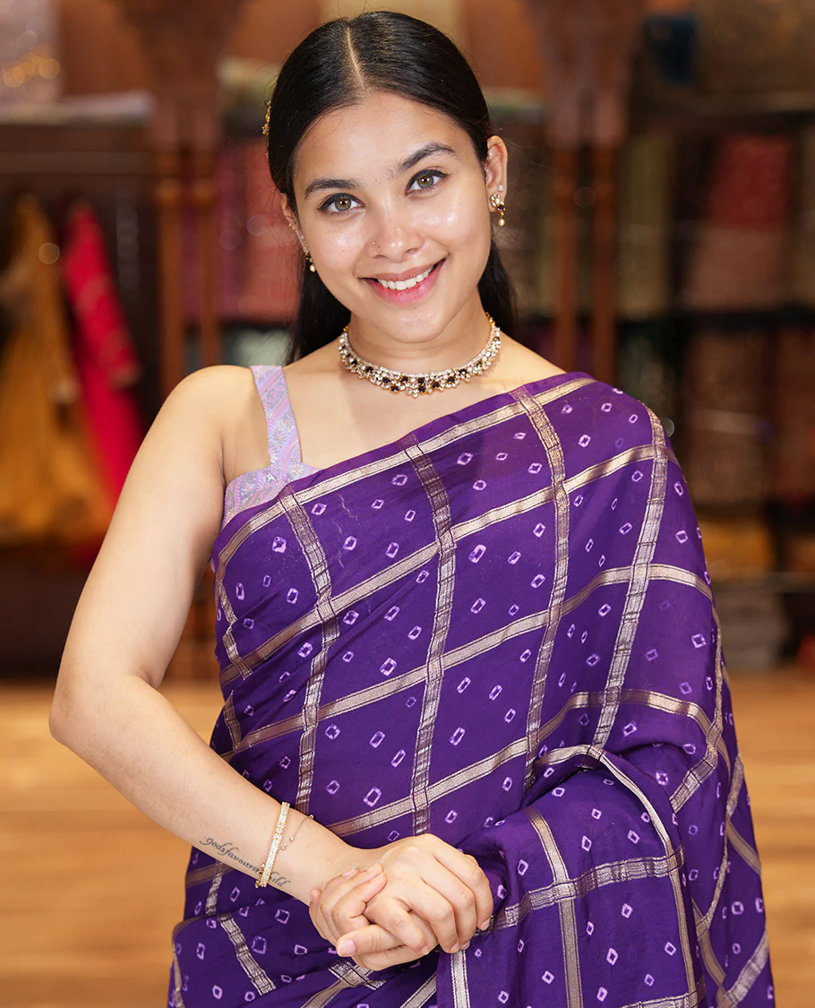 Borderless Purple Assam Silk Saree, Richly Detailed with Bandhani-Dotted Ghar Chola Design on Its Body, Gleaming Zari Pallu, and Paired with a Matching Blouse - Image 2