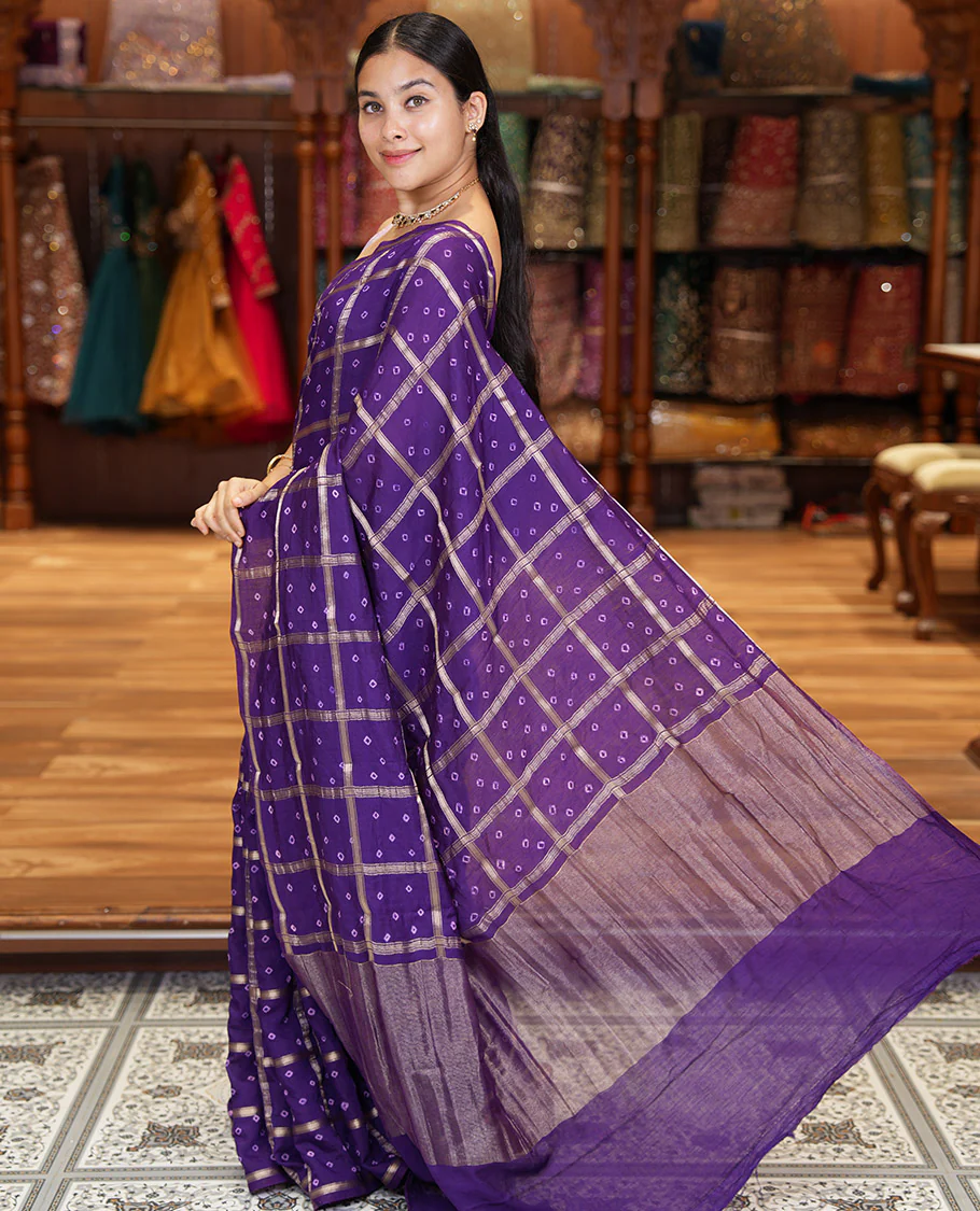 Borderless Purple Assam Silk Saree, Richly Detailed with Bandhani-Dotted Ghar Chola Design on Its Body, Gleaming Zari Pallu, and Paired with a Matching Blouse - Image 3