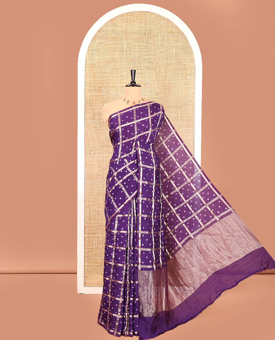Borderless Purple Assam Silk Saree, Richly Detailed with Bandhani-Dotted Ghar Chola Design on Its Body, Gleaming Zari Pallu, and Paired with a Matching Blouse - Image 4