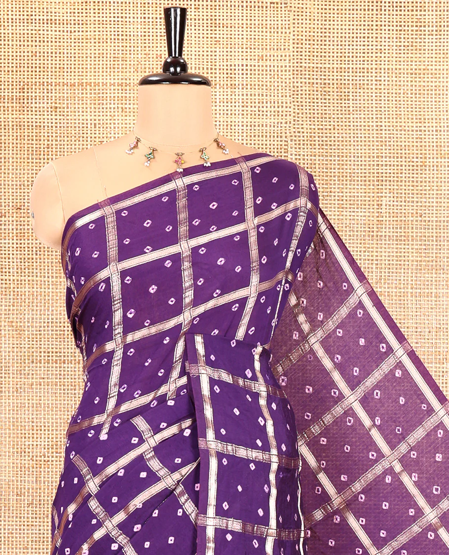 Borderless Purple Assam Silk Saree, Richly Detailed with Bandhani-Dotted Ghar Chola Design on Its Body, Gleaming Zari Pallu, and Paired with a Matching Blouse - Image 5