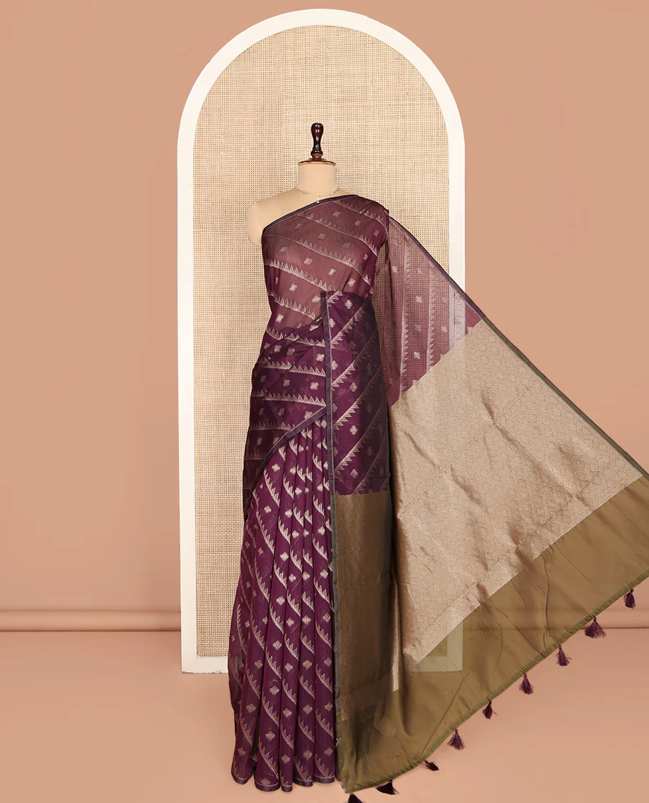 Borderless Purple Chanderi Cotton Saree, Adorned with Zari Buttas and Temple Stripes on Its Body, Complemented by Contrast Pallu of Jaal Designs, and Paired with a Contrast Jacquard Blouse