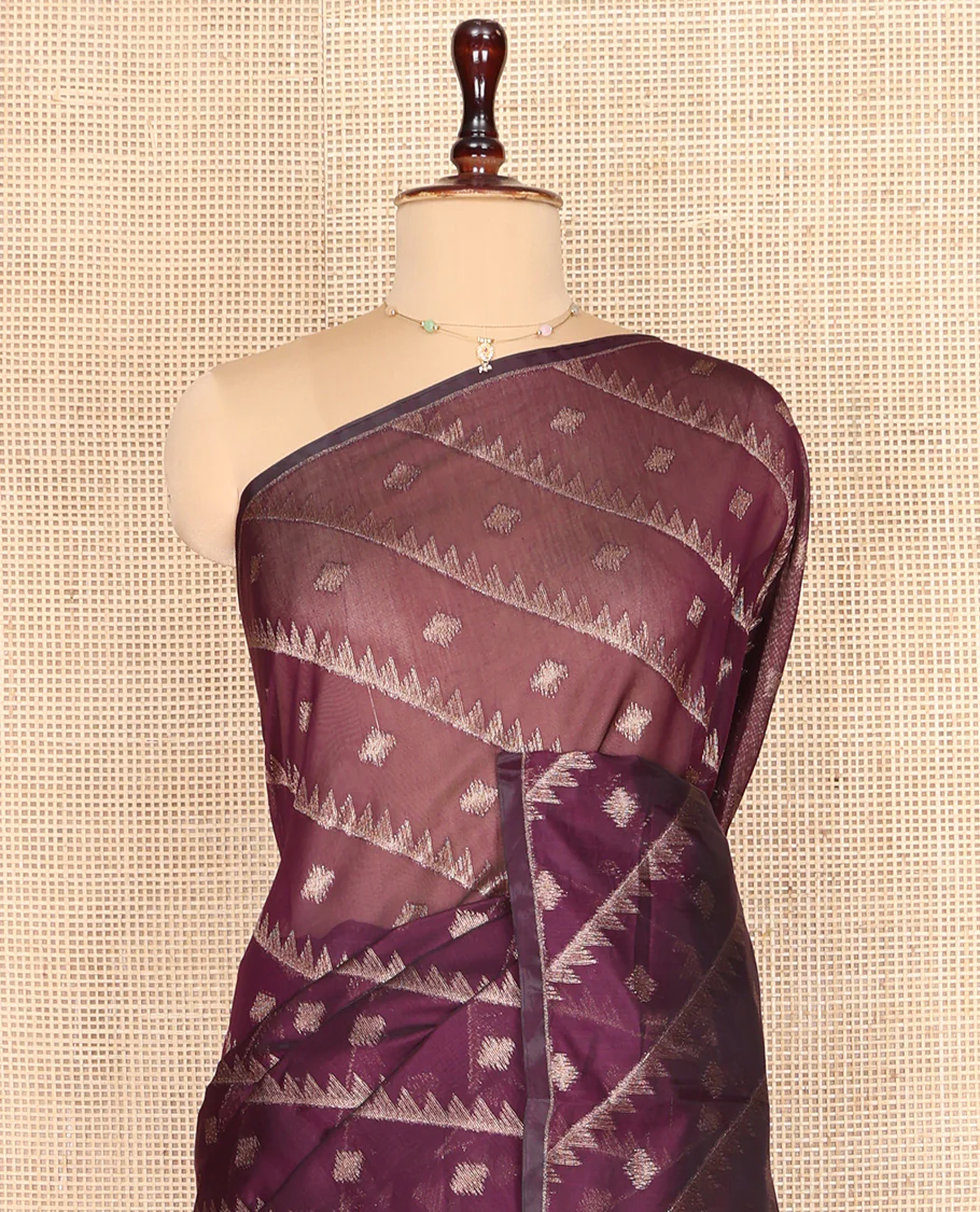 Borderless Purple Chanderi Cotton Saree, Adorned with Zari Buttas and Temple Stripes on Its Body, Complemented by Contrast Pallu of Jaal Designs, and Paired with a Contrast Jacquard Blouse - Image 2