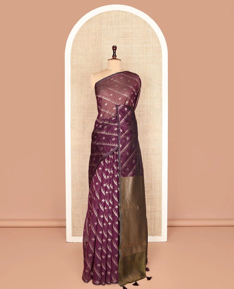Borderless Purple Chanderi Cotton Saree, Adorned with Zari Buttas and Temple Stripes on Its Body, Complemented by Contrast Pallu of Jaal Designs, and Paired with a Contrast Jacquard Blouse - Image 3