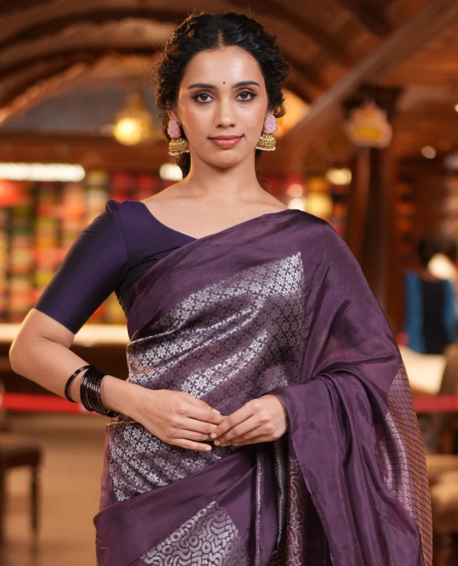 Borderless Purple Chanderi Cotton Saree, Steeped in the Richness of Zari Big Square Buttas All Over Its Body, Highlighted by Geometric Patterned Pallu and Paired with a Matching Brocade Blouse - Image 2