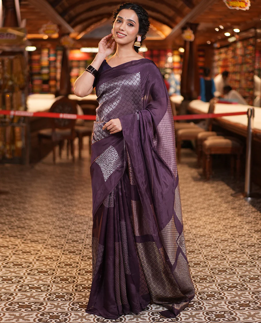 Borderless Purple Chanderi Cotton Saree, Steeped in the Richness of Zari Big Square Buttas All Over Its Body, Highlighted by Geometric Patterned Pallu and Paired with a Matching Brocade Blouse - Image 3