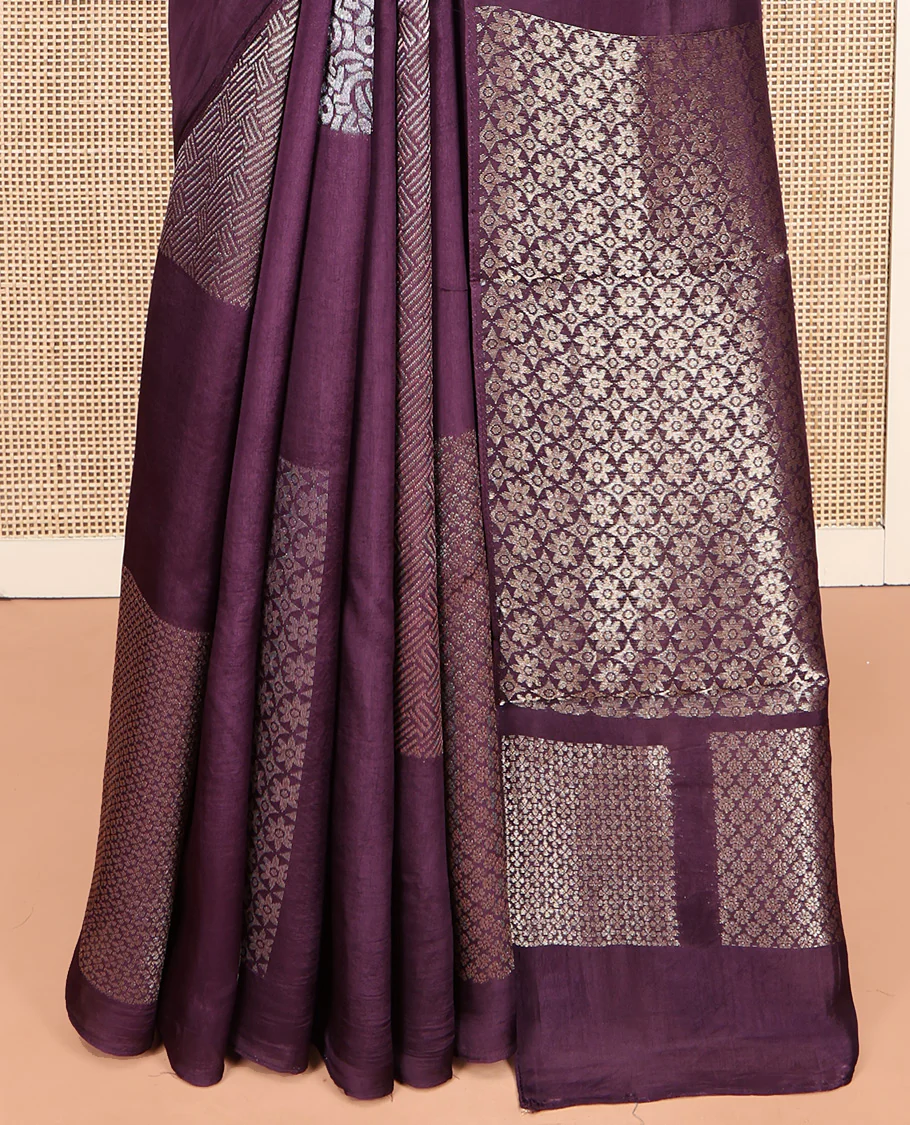Borderless Purple Chanderi Cotton Saree, Steeped in the Richness of Zari Big Square Buttas All Over Its Body, Highlighted by Geometric Patterned Pallu and Paired with a Matching Brocade Blouse - Image 9