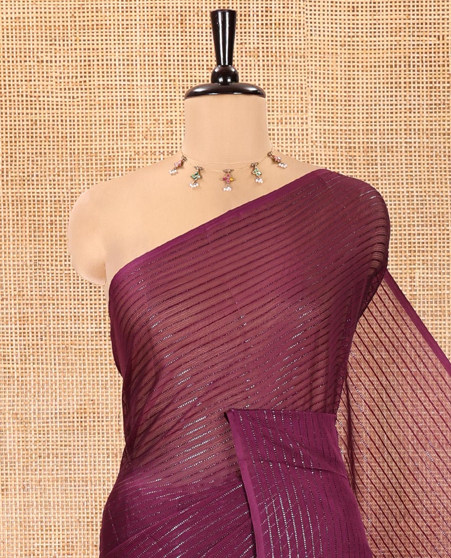 Borderless Purple Chiffon Saree, Gleamed Up with Horizontal Stripes on Its Body, a Self-Pallu, and Comes Without a Blouse - Image 2