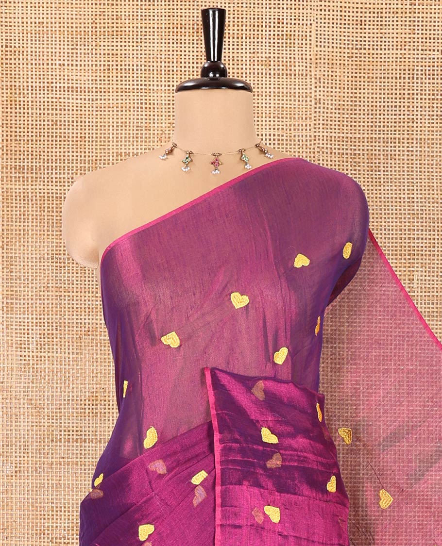 Borderless Purple Tissue Mul Cotton Saree, Artfully Designed with Heart Motifs Embroidered on Its Body,  Pallu Mirrors the Same Embroidery, and Is Paired with a Matching Blouse - Image 2