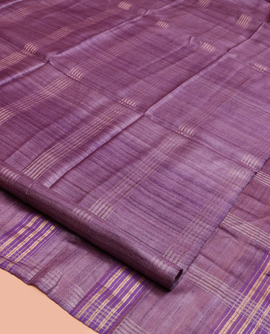 Borderless Purple Tussar Silk Saree, Delicately Woven with Zari Checked Design on Its Body, a Self-Pallu, and Paired with a Matching Blouse - Image 2