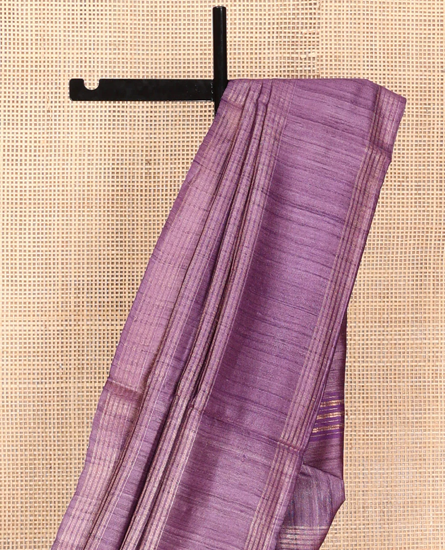 Borderless Purple Tussar Silk Saree, Delicately Woven with Zari Checked Design on Its Body, a Self-Pallu, and Paired with a Matching Blouse - Image 3