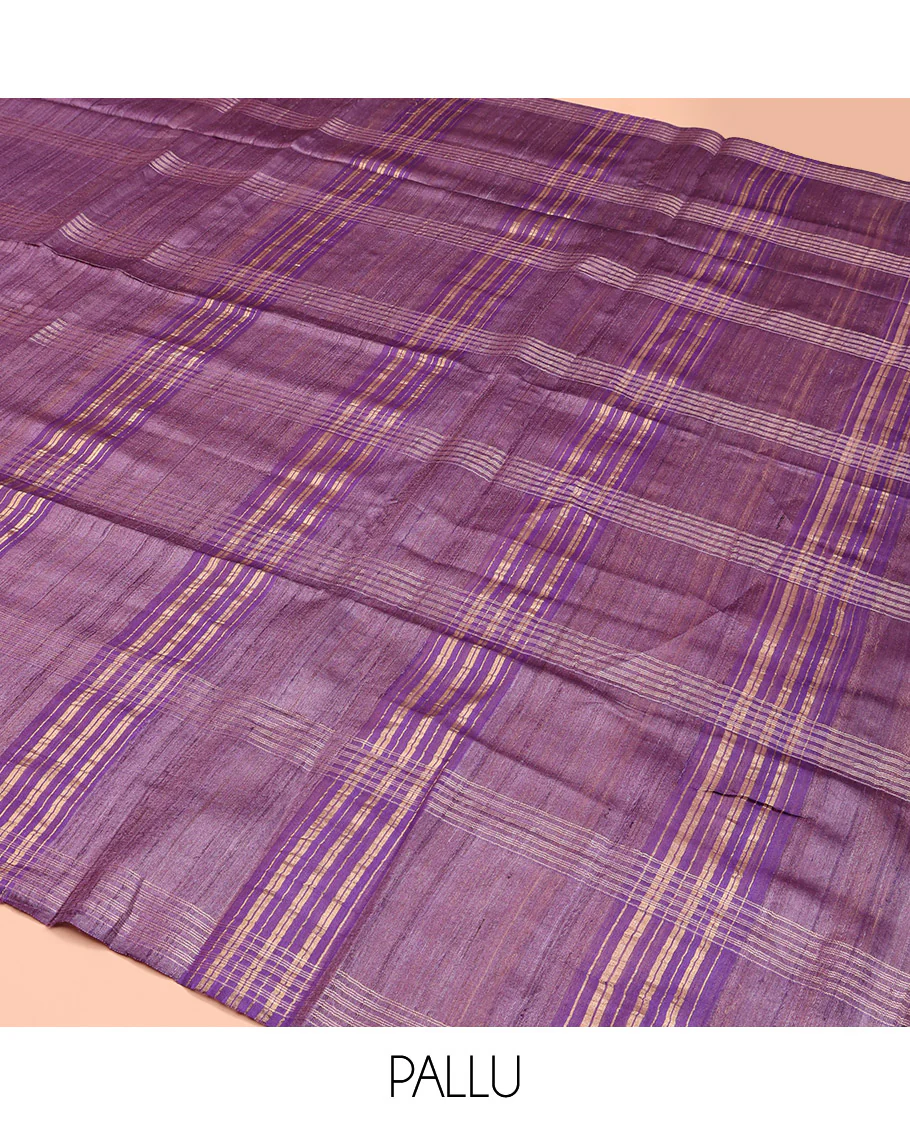 Borderless Purple Tussar Silk Saree, Delicately Woven with Zari Checked Design on Its Body, a Self-Pallu, and Paired with a Matching Blouse - Image 5