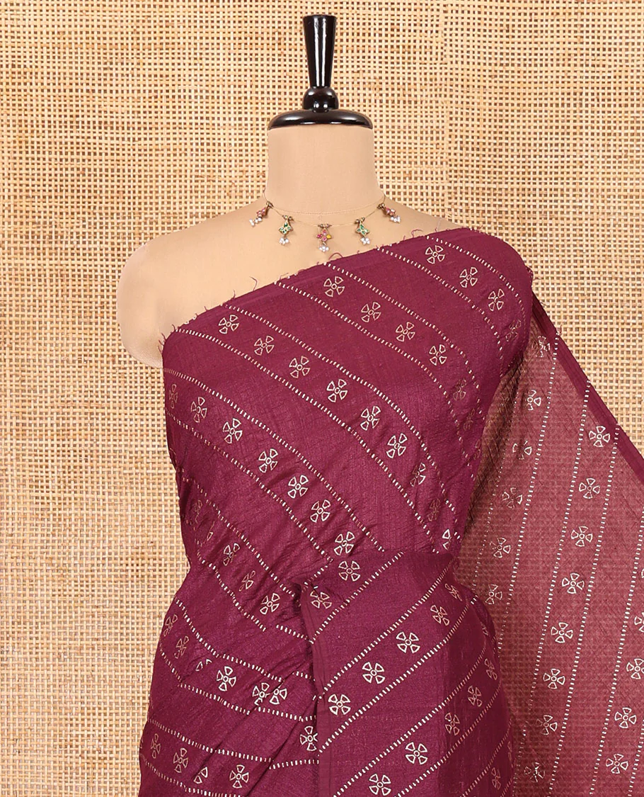 Borderless Purple Vichitra Silk Saree, Gleamed Up with Floral Buttas and Leheriya-Style Foil Print on Its Body, a Self-Pallu, and Has No Blouse - Image 2