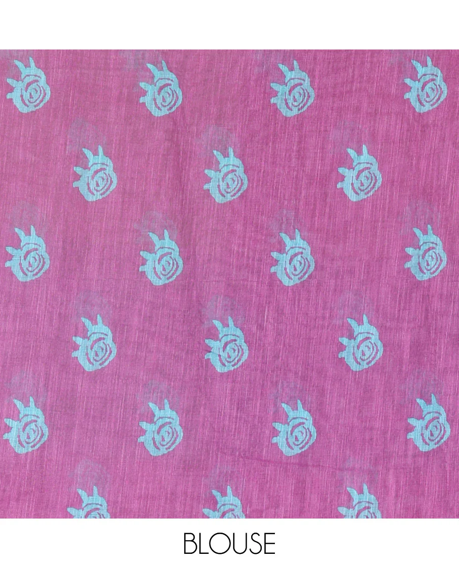 Borderless Rama Linen Cotton Saree, Detailed with Macro-Checked Design on Its Body, a Self-Pallu, and Paired with a Contrast-Printed Blouse - Image 3
