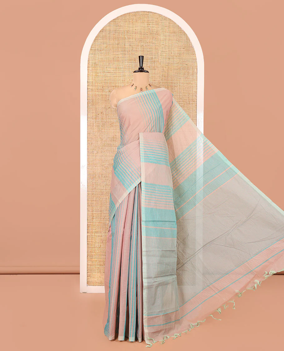 Borderless Rama Negamam Cotton Saree, Subtly Sparkled with Stripes All Over Its Body, a Self-Pallu, and Paired with a Matching Blouse