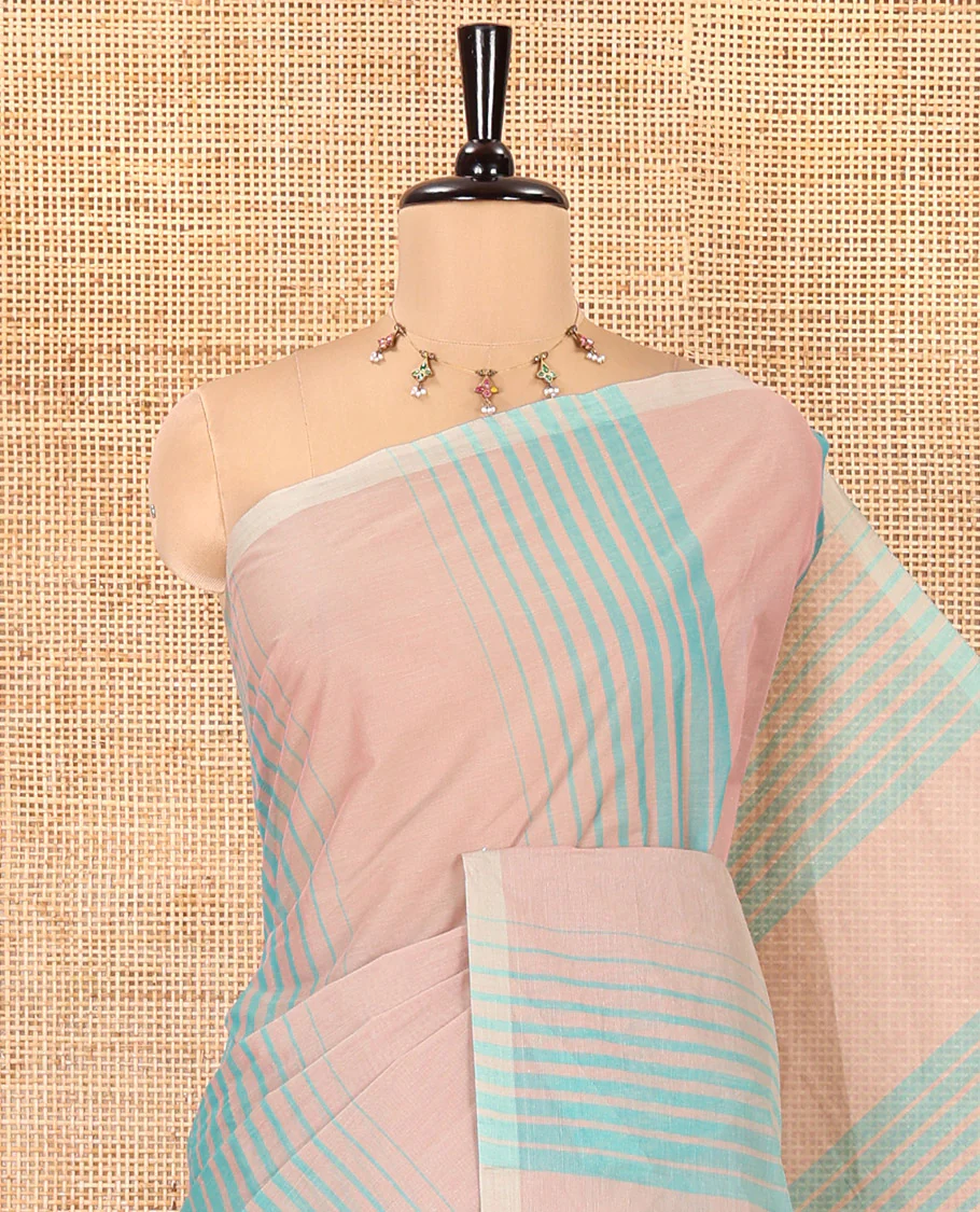 Borderless Rama Negamam Cotton Saree, Subtly Sparkled with Stripes All Over Its Body, a Self-Pallu, and Paired with a Matching Blouse - Image 2