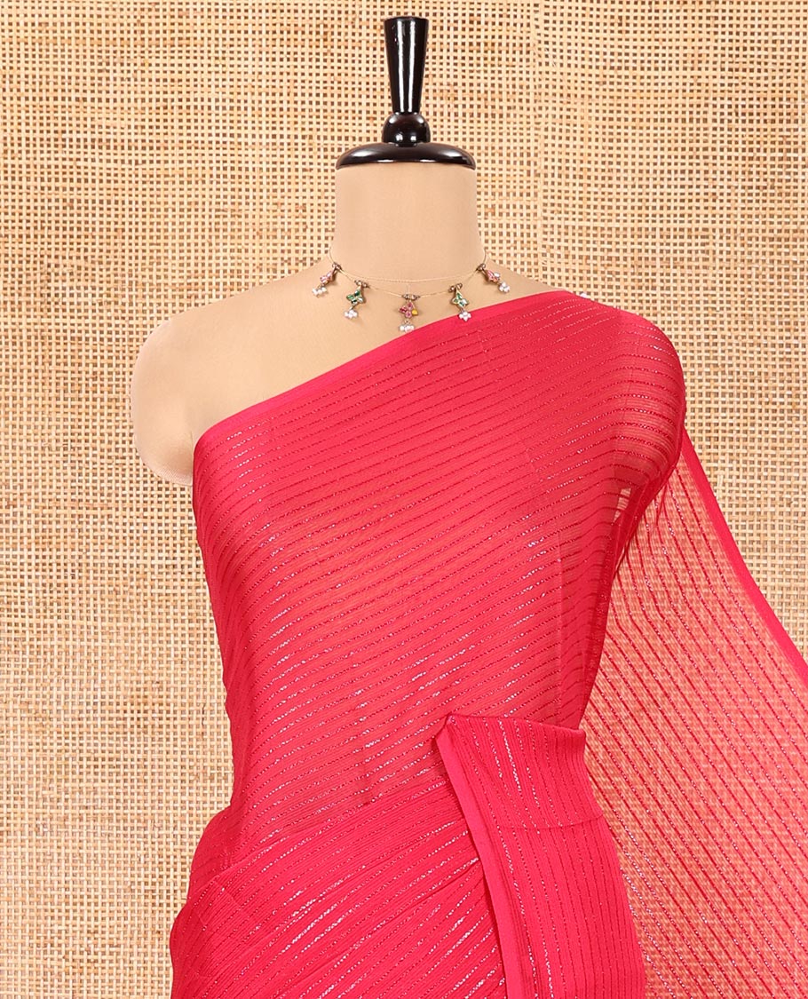 Borderless Rani Chiffon Saree, Gleamed Up with Horizontal Stripes on Its Body, a Self-Pallu, and Comes Without a Blouse - Image 2