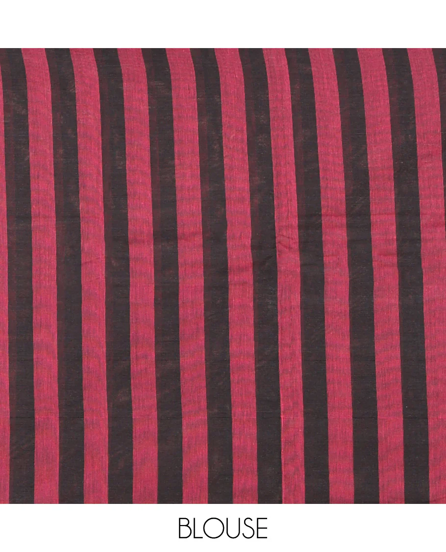 Borderless Red and Black Kanchi Cotton Saree, Accentuated with Stripes and Triangle Buttas on Its Body, Self-Pallu of Chevron Designs, and Paired with a Matching Blouse - Image 3