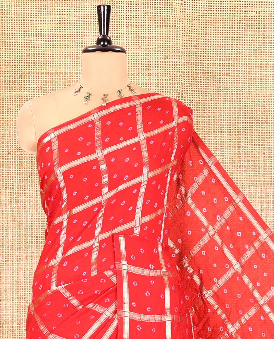 Borderless Red Assam Silk Saree, Richly Detailed with Bandhani-Dotted Ghar Chola Design on Its Body, Gleaming Zari Pallu, and Paired with a Matching Blouse - Image 2