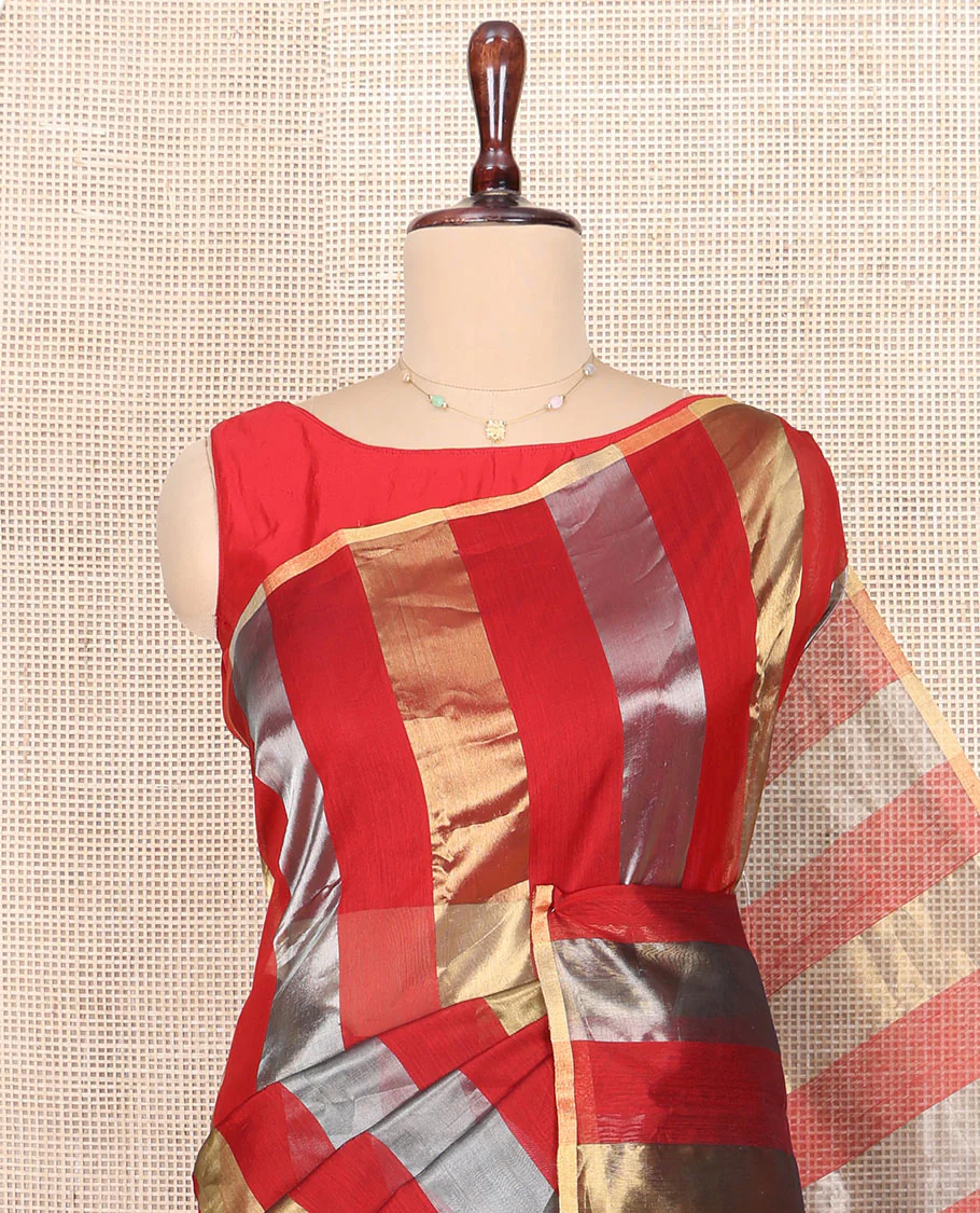 Borderless Red Chanderi Cotton Saree, Gleaming with Zari Stripes All Over Its Body, Highlighted by Pallu Steeped with Zari Stripes, and Paired with a Matching Blouse - Image 2