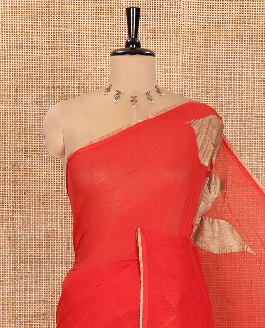 Borderless Red Khadi Mul Cotton Saree, Beautified with Big Hibiscus Floral Motifs Foil-Printed on Its Body, Subtly Sparkled Pallu of the Same Print and Tassels, and Paired with a Matching Blouse - Image 2