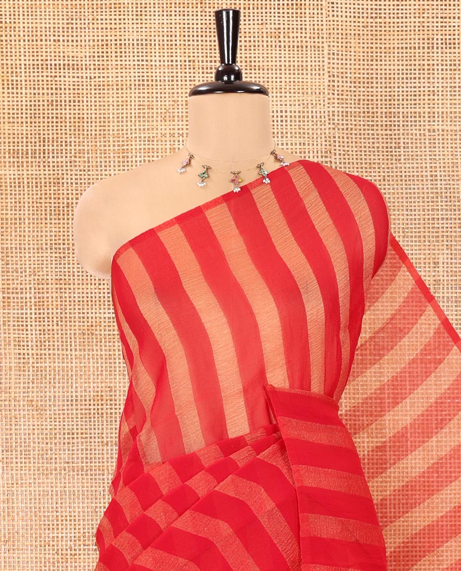 Borderless Red Light Weight Chiffon Saree, Detailed with Vertical Stripes All Over Its Body, Subtle Self-Pallu, and Paired with a Matching Blouse - Image 2