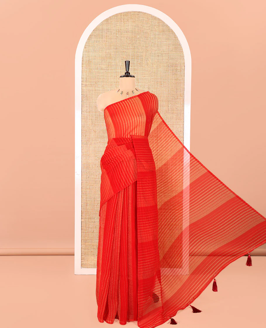 Borderless Red Lightweight Chiffon Saree, Subtly Printed with Stripes on Its Body, Self-Pallu of Stripes, and Paired with a Matching Blouse