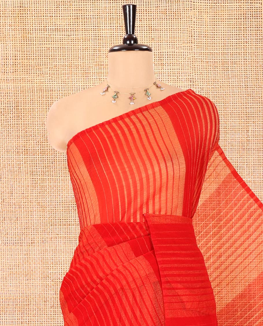 Borderless Red Lightweight Chiffon Saree, Subtly Printed with Stripes on Its Body, Self-Pallu of Stripes, and Paired with a Matching Blouse - Image 2