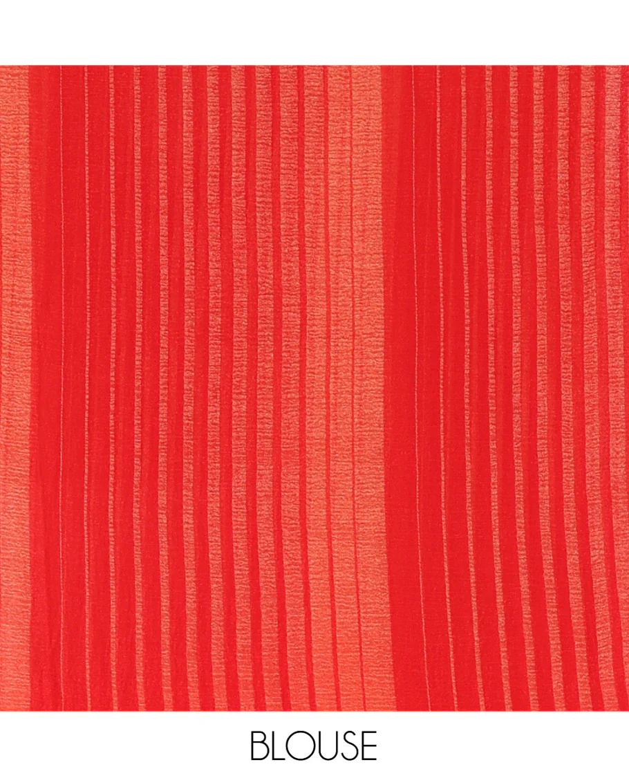 Borderless Red Lightweight Chiffon Saree, Subtly Printed with Stripes on Its Body, Self-Pallu of Stripes, and Paired with a Matching Blouse - Image 3