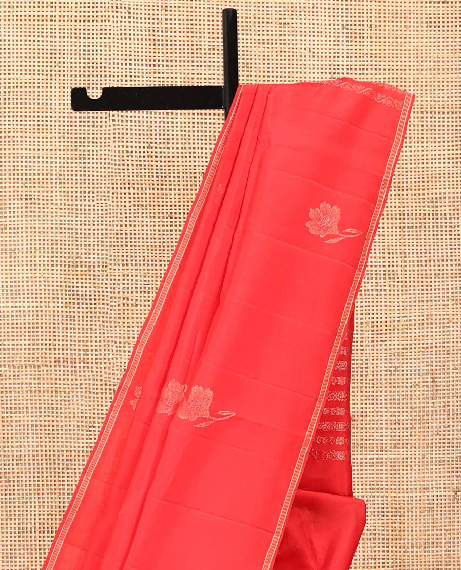 Borderless Red Mayuri Soft Silk Saree, Woven with Floral Buttas All Over the Body, Highlighted by Piping Border, Pallu Steeped with Floral Creeper Designs, and Paired with a Matching Blouse - Image 3