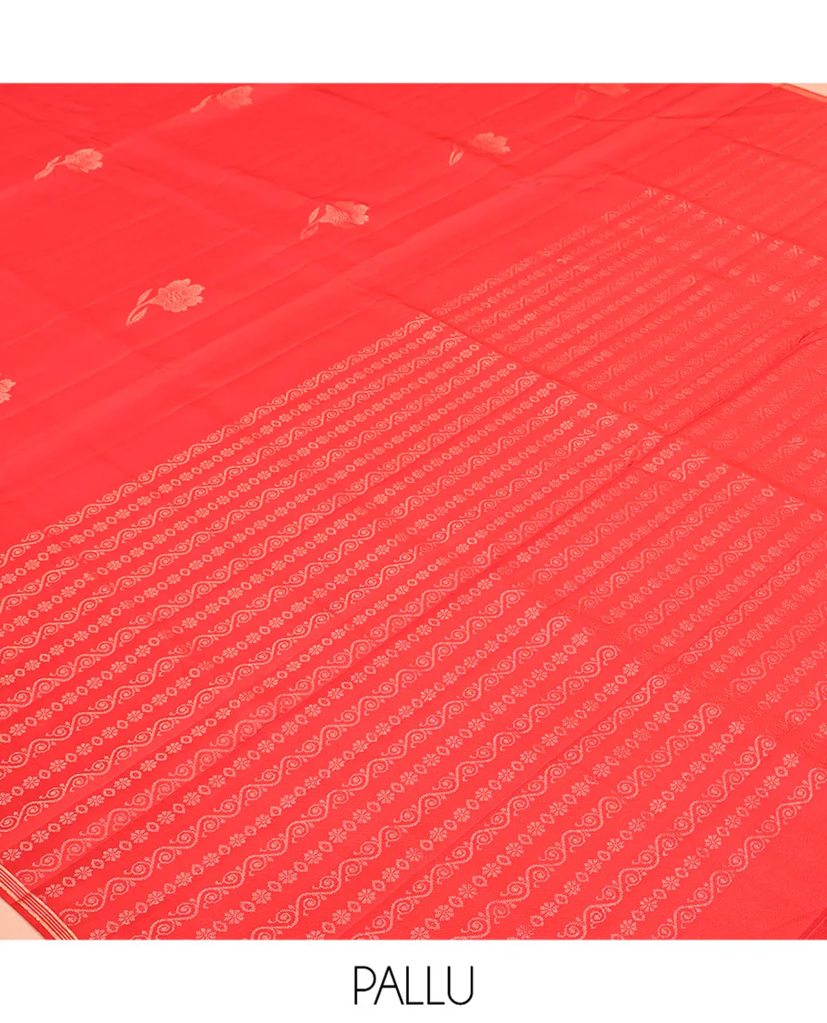 Borderless Red Mayuri Soft Silk Saree, Woven with Floral Buttas All Over the Body, Highlighted by Piping Border, Pallu Steeped with Floral Creeper Designs, and Paired with a Matching Blouse - Image 5