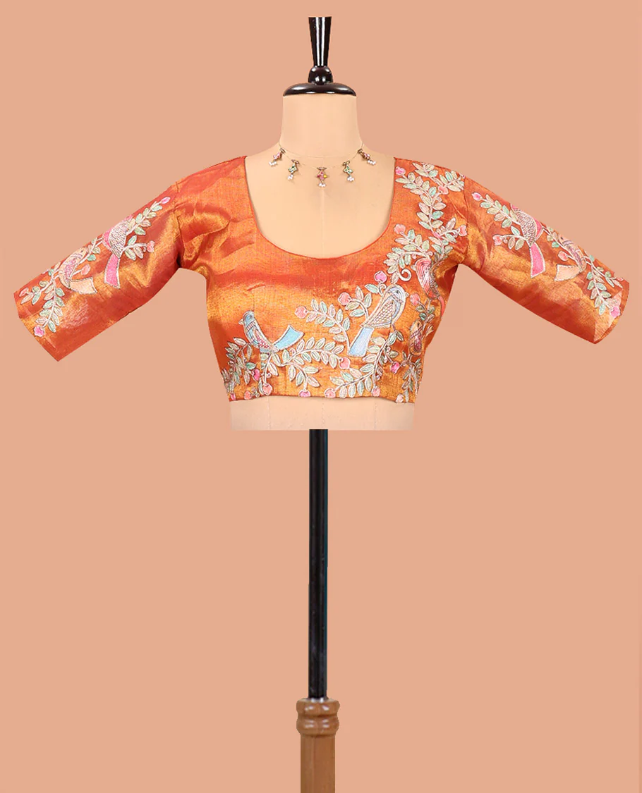 Borderless Red Tissue Saree, Enthralled with Colorful Floral-Bird Motif Printed with Outline Embroidery on Its Body, and Paired with a Readymade Elbow-Sleeve Round-Neck Blouse - Image 2