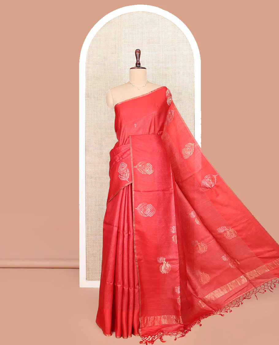 Borderless Red Tussar Silk Saree, Mesmerized with Zari Buttas on Its Body, Pallu Subtly Highlighted by Zari Buttas, and Paired with a Matching Blouse