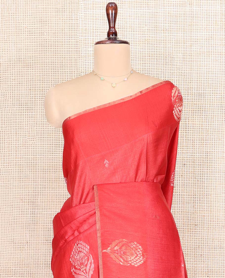 Borderless Red Tussar Silk Saree, Mesmerized with Zari Buttas on Its Body, Pallu Subtly Highlighted by Zari Buttas, and Paired with a Matching Blouse - Image 2
